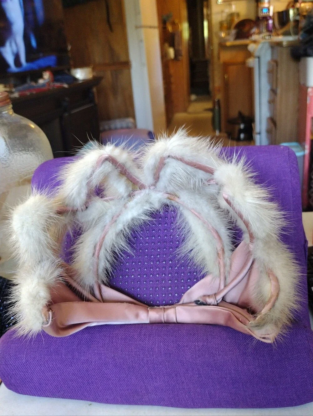 Faux Fur Trim Satin Headband in Blush Pink
